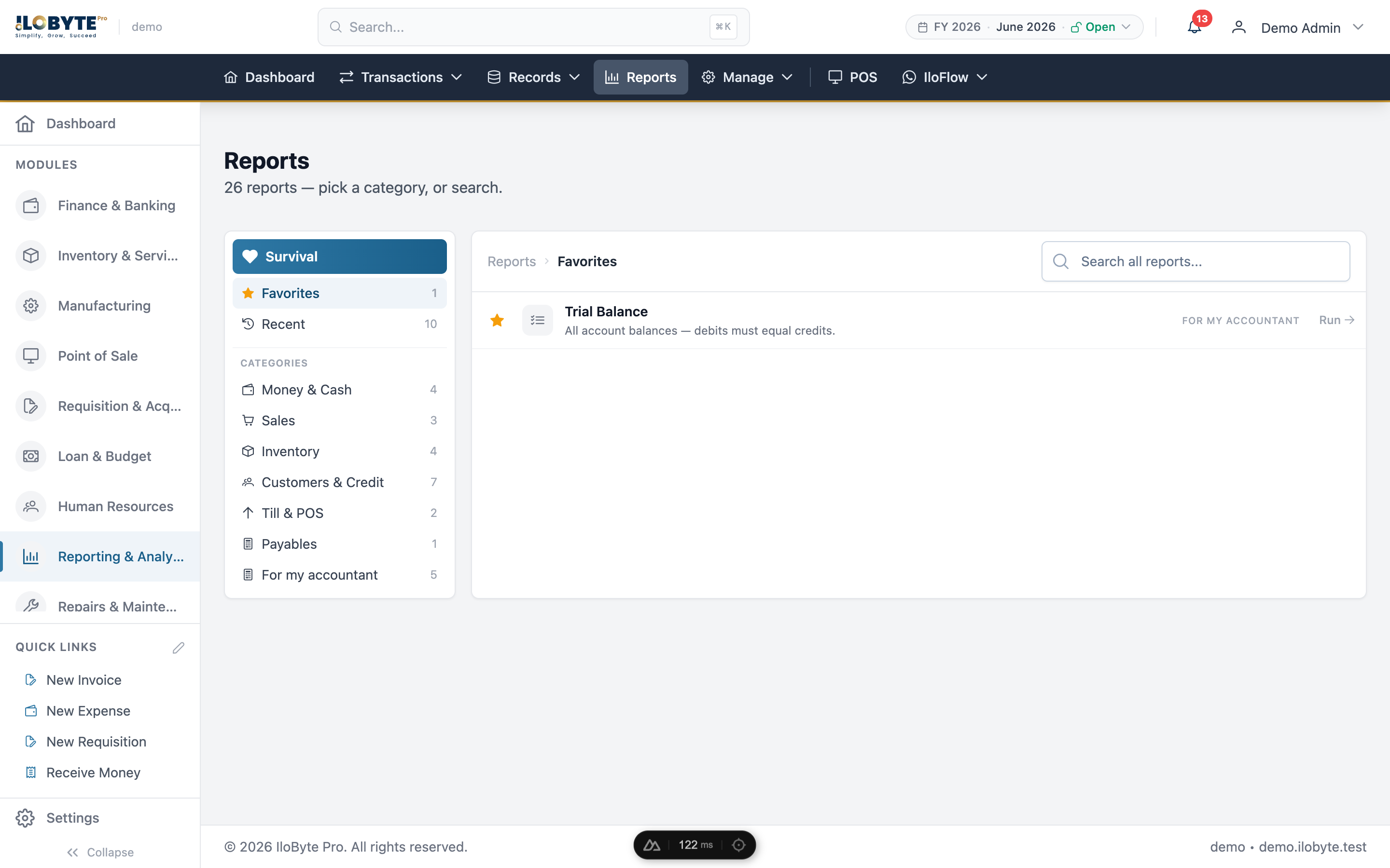 Reports library in IloByte Pro — 26 reports grouped by category
